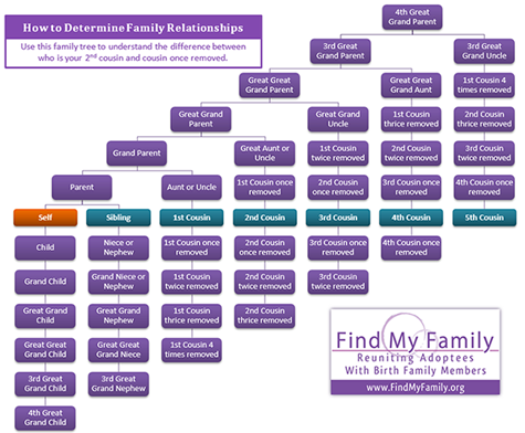 How to determine family relationships: Use this family tree to understand the difference between who is your 2nd cousin and cousin once removed.